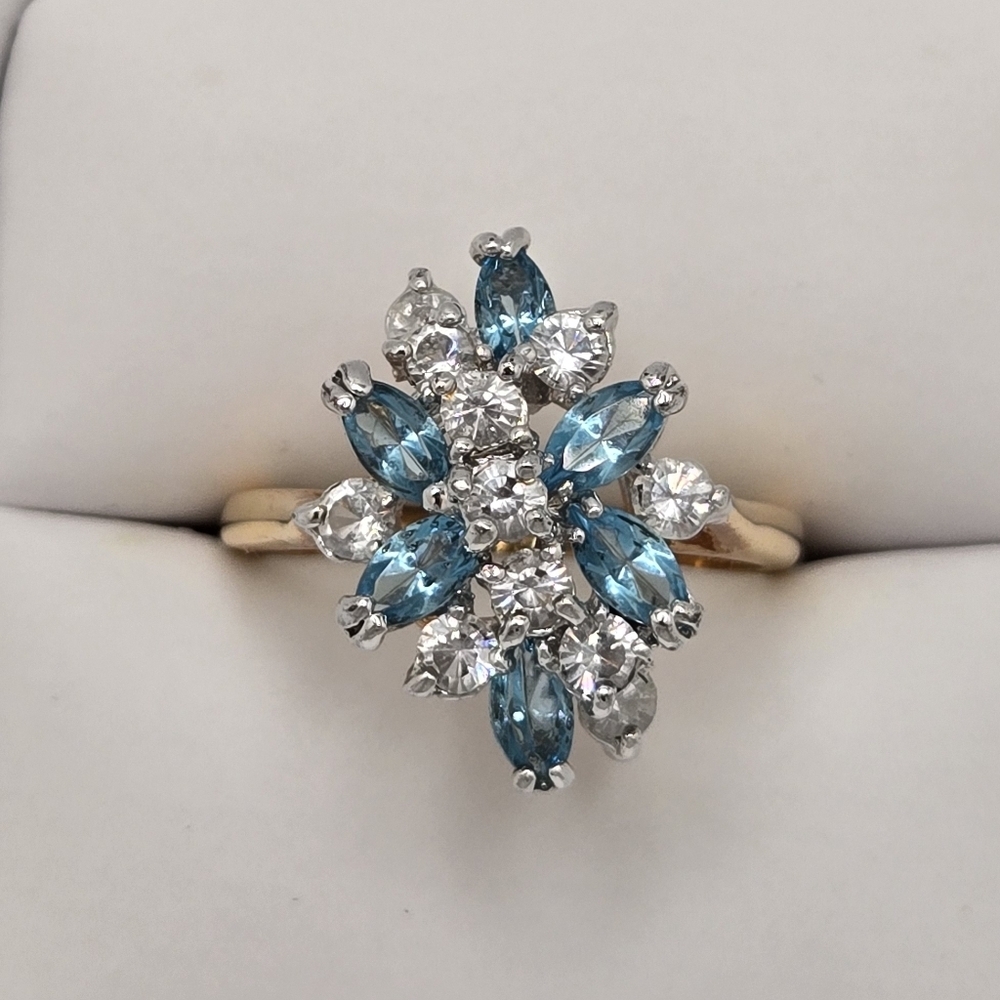 Large Cluster Blue and Silver Floral Ring Affordable Jewelry Size 9